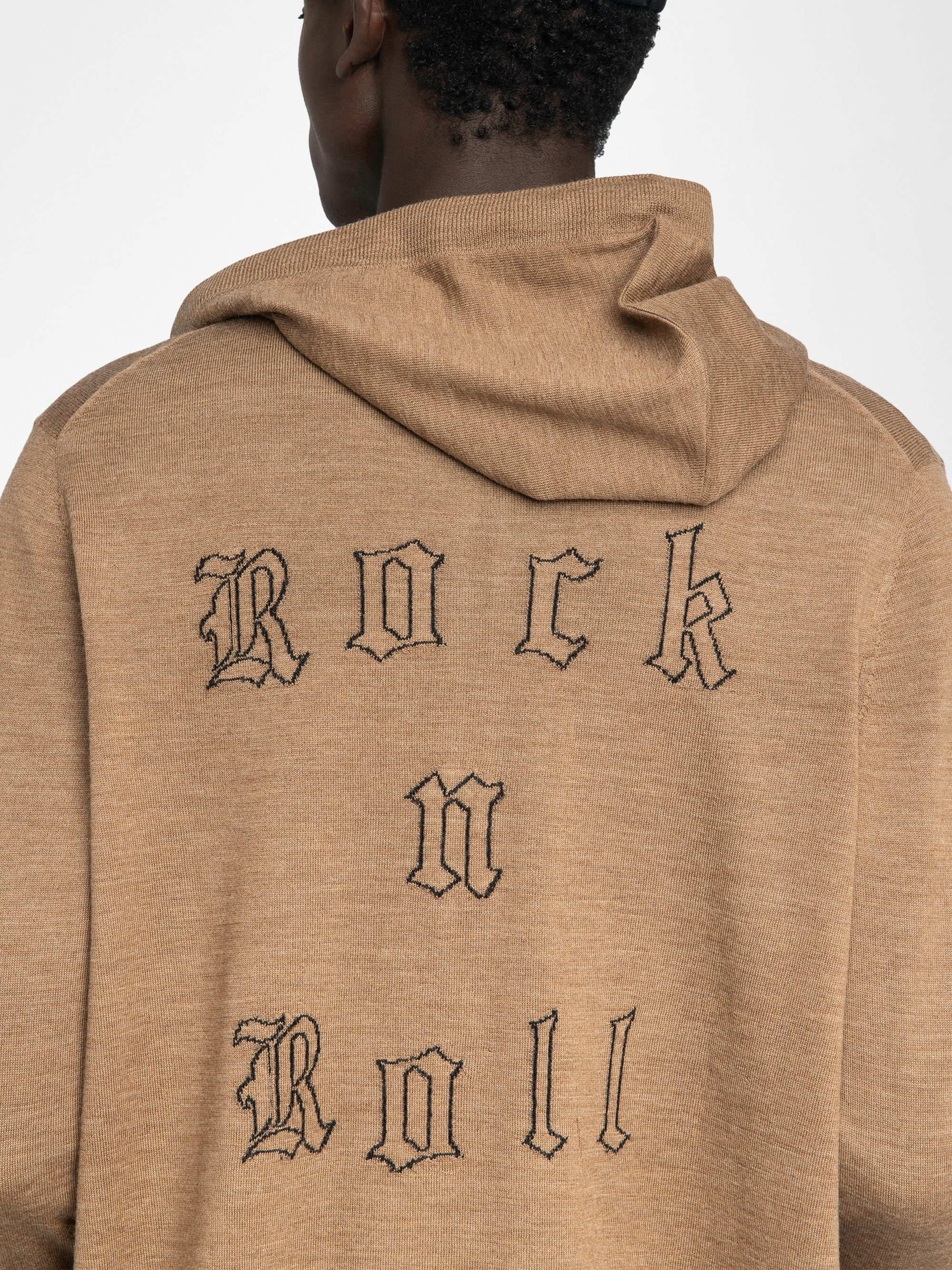 Clash Cardigan 100% Merino Wool - Hooded cardigan with zip closure and rock n roll writing on the back.
